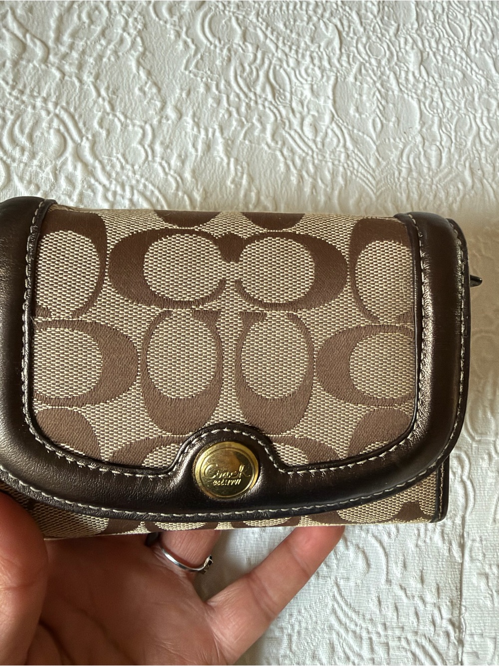 Coach Signature Canvas Compact Wallet in Brown and Tan